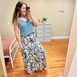 NWT THE GREAT. Blue Floral Cotton Tiered Maxi Skirt 2 Medium